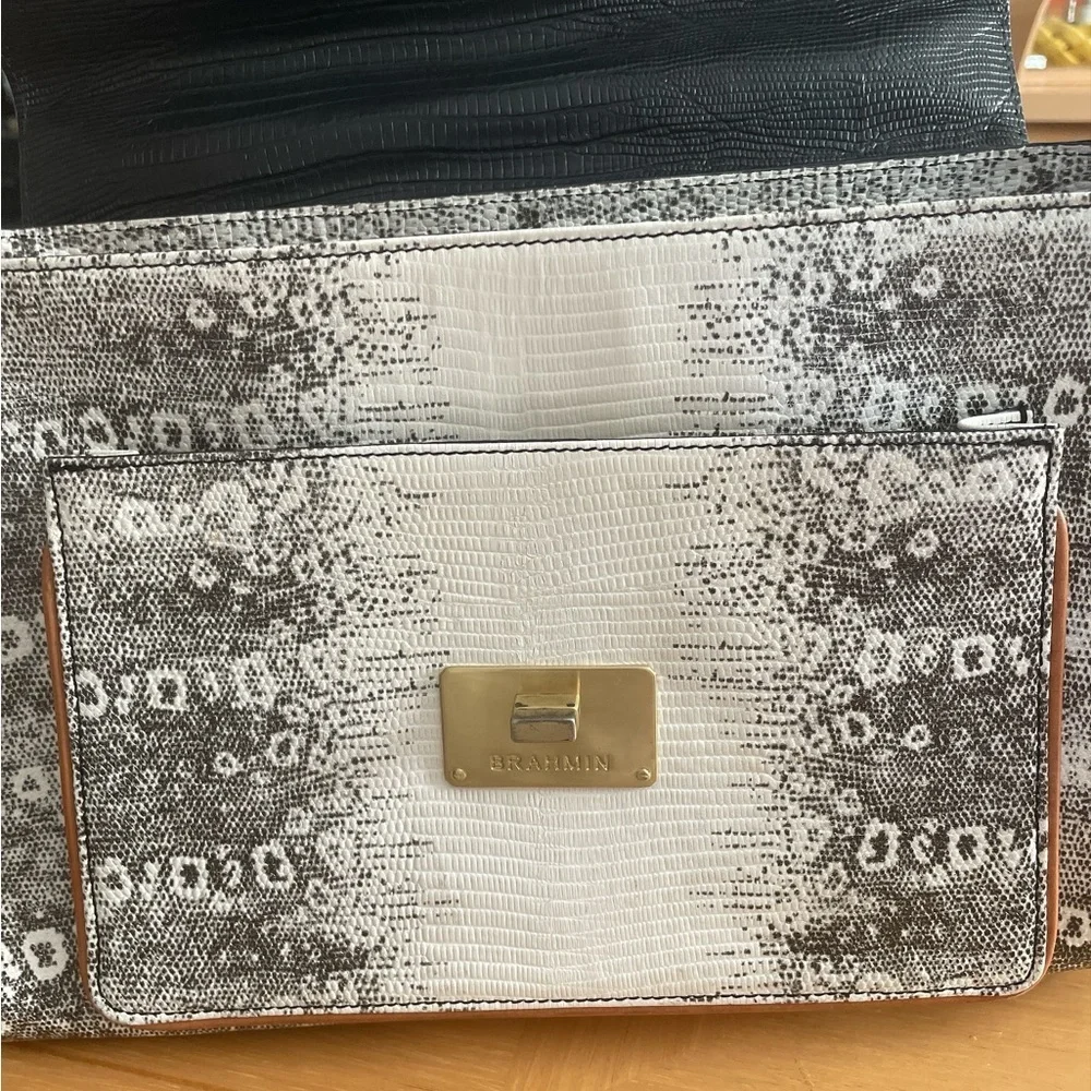 Brahmin Oxford Flap Natural Bernini Black/White Embossed Leather Crossbody Bag